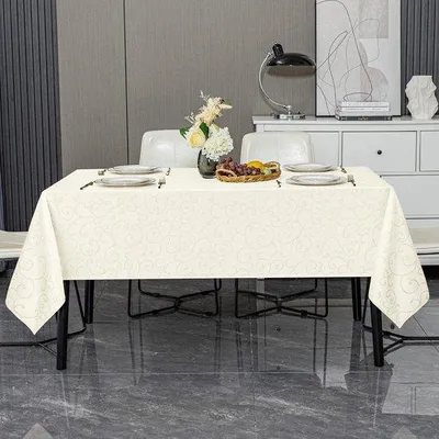 Obrázok produktu pre Vodoodolný obrus 140 x 300 cm, nepremokavý, žakárový vzor, lotosový efekt, prateľný, elegantný biely obrus