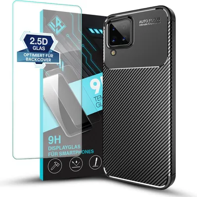 Produktbild von Handy Hülle für Samsung Galaxy A12 mit 9H Displayglas Displayschutz Plus Carbon Look Cover Case Schutzhülle Farbe: Schwarz