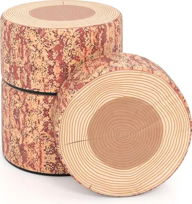 Productafbeelding van COSTWAY 3-delige set kinderstoelen in de vorm van boomstompjes, kinderzitkussens met houtmotief en verschillende hoogtes, ronde kinderset, bruin