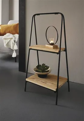 Image de Etagère "Modern" en métal, noir + 2 étagères en bois recyclé, étagère à fleurs, étagère, support pour plantes
