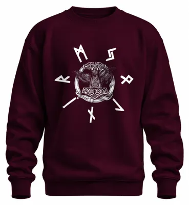 Obrázek produktu pro Mikina s potiskem "Thorhammer Mjölnir Odin", s motivem nordických run, barva: vínová, velikost: M