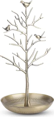 A jewelry tree with a bird motif, designed to hold necklaces and bracelets.