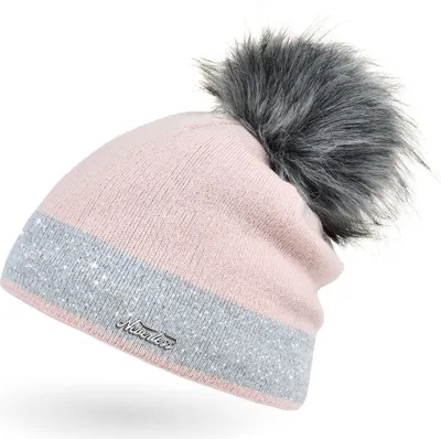 Produktbild von Damen Strick-Mütze gefüttert Fell-Bommel Kunstfell Winter-Mütze Feinstrick mit Glitzer-Garn Bommelmütze Neverless® rosa-grau unisize