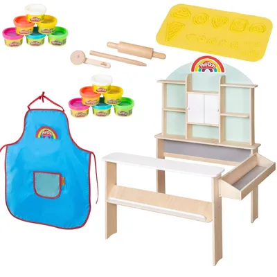 Produktbild von roba x Play-Doh Kaufladen für Kinder - Spielset aus Holz mit 12 Knetdosen, 3 Holzwerkzeugen, Schürze & 3D-Kreativmatte - Pädagogisch wertvoll