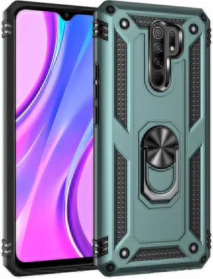 Produktbild von LaimTop Schutzhülle für Redmi 9, Dual Layer Robust Militäre Fallschutz Hülle mit Ringhalterung Ständer für Xiaomi Redmi 9 Grün