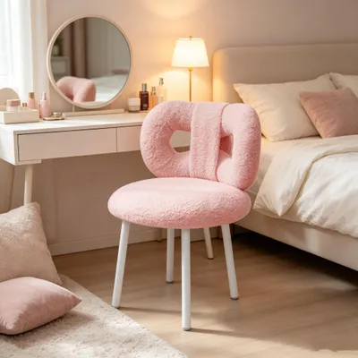 Produktbild von Schminktisch Stuhl mit Schleifen-Rückenlehne,Esszimmerstuhl,Sessel,Loungesessel Metallbeine,für Schlafzimmer,Wohnzimmer&Homeoffice (Rosa)