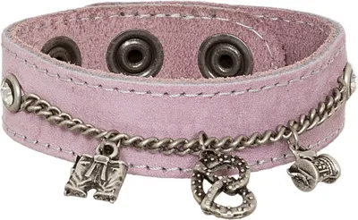Produktbild von Pinkes Armband aus Nappaleder und Velours mit traditionellen Charms für Tracht und Dirndl, 2 cm breit, Länge verstellbar bis 23 cm