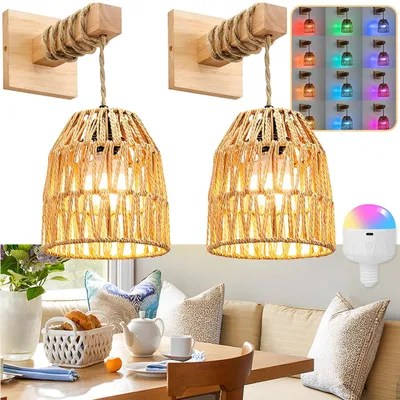 Immagine prodotto di 2x lampada da parete in rattan da interno a batteria, con lampadine ricaricabili, lanterna intrecciata in legno per camera da letto soggiorno