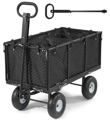 Obrázok produktu pre Ručný vozík – ťažký transportný vozík/príves k terénnemu vozidlu – nosnosť 544 kg – pneumatiky – nastaviteľná rukoväť – odnímateľné bočné steny – pripojiteľný k terénnemu vozidlu/traktor – čierny