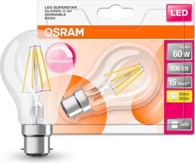 Produktbild von Osram B22 A60 7.5W LED-Lampe, Birnenform, Sockel B22, 7,5 Watt, Warmweiß, 2700 K, dimmbar