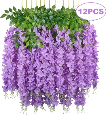 Image de Fleurs artificielles Fausse guirlande de glycines Guirlande de fleurs Suspendues Fleur de soie bleue pour la décoration de la maison Mariages Jardin Fête(12 pièces,Lilas)