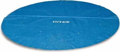A blue round solar pool cover with the Intex logo in the center.