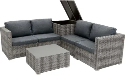 Image de Ensemble de mobilier de jardin modulaire en rotin, 6 pièces, Marielle Gris : canapé 4 places, fauteuils d'angle avec coussins, table avec plateau en verre, coffre de rangement de 250 L, housses lavables, pour l'extérieur, housse de protection contre la pluie