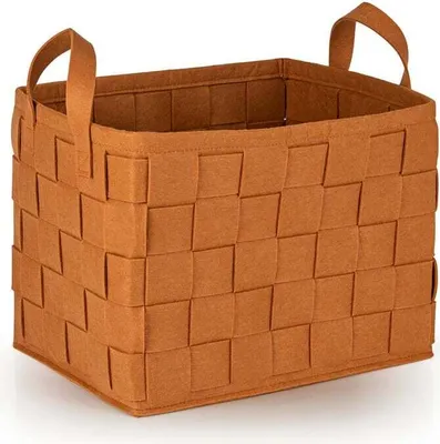 A brown woven storage basket with handles, shown from a three-quarter angle on a white background.