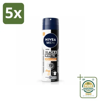 Productafbeelding van 5 x NIVEA MEN Deodorant Spray Black & White Ultimate Impact, 150 ml - Voorraadverpakking - 5 stuks
