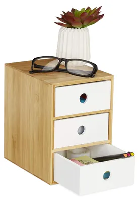 Image de Organiseur de bureau, 3 tiroirs, bambou et MDF, boîte de rangement pour le bureau, H x L x P : 21 x 15,1 x 20 cm, blanc