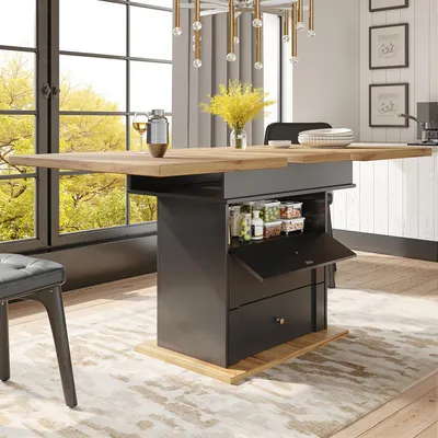 Image de okwish Table de cuisine pliante avec portes minimalistes, pour 4-6 personnes, table à manger extensible avec casier à vin et tiroirs, meuble pour cuisine et salon – noir