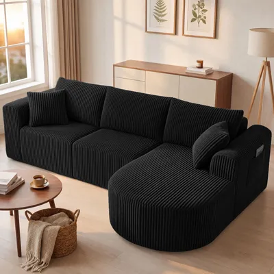 Produktbild von Sofa Ecksofa mit Schlaffunktion, Corduroy Modulares Boneless Couch mit Chaiselongue, L-Form Schlafsofa, Sektionssofas mit Kissen & Seitentaschen 243cm