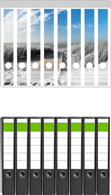 Produktbild von Wallario 8 Stück schmale Ordner inkl. Klebeetiketten mit Motive Auf dem Holzweg zum Strand in schwarz-weiß Optik -  Set mit Rückenschildern / Ordnerrücken Stickern