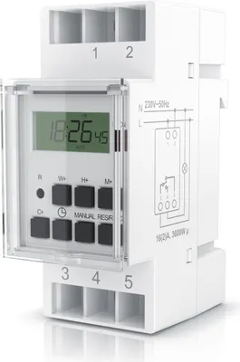 Produktbild von BEARWARE Zeitschaltuhr digital - für DIN Hutschienen im Verteilerschrank Schalttafeln – 2 Klemmen Input, 3 Klemmen Output - 16A/3680W – min. Schaltabstand 1 Minute – LCD Display – Manueller Modus