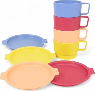 Produktbild von Geschirrset – 4 Teller Ø 23,5 cm & 4 Becher 300 ml – Mehrfarbig – Robuster Kunststoff – Ideal für Camping, Outdoor & Alltag