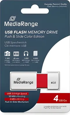 Zdjęcie produktu dla MediaRange MR970, 4 GB, USB Typu-A, 2.0, 10 MB/s, Łożysko tulejowe, Czerwony, Biały