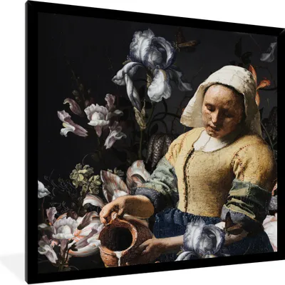 Produktbild von MuchoWow® Gerahmtes Poster Milchmädchen - Johannes Vermeer - Blumen 40x40 cm - Poster mit Schwarzem Bilderrahmen Wandposter Rahmen Foto Bilder - Mit Rahmen - Wanddekoration Schlafzimmer
