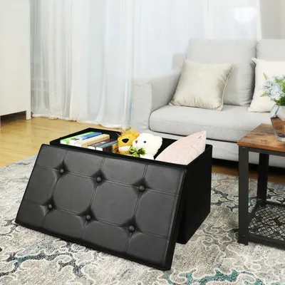 Produktbild von SONGMICS Sitztruhe faltbar schwarz mit Stauraum bis 300 kg belastbar Sitzhocker Sitzbank aus Kunstleder 76 x 38 x 38 cm 2-Sitzer LSF105