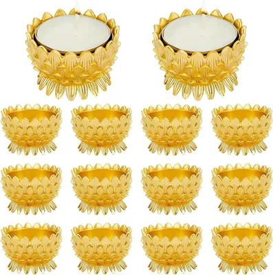 Productafbeelding van 14 stuks Lotos Ghee lamphouder metaal goud Indiase Diya olie lamp houder thee licht kaarsenhouder voor Diwali Puja Pooja tempel altaar thuis