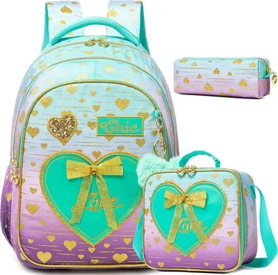 Produktbild von Famanu Schulrucksack mit Snacktasche und Federmäppchen - Grün und Lila