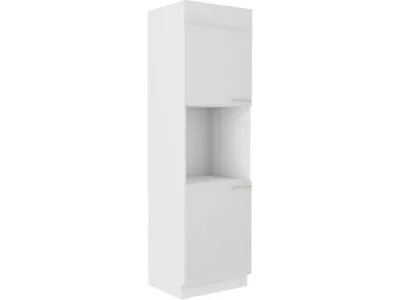 A tall, narrow white kitchen cabinet with two doors at the top and one door at the bottom, and an open shelf in the middle.