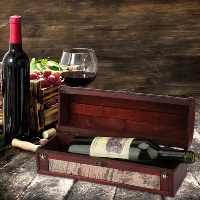 Produktbild von Single -Flaschen -Weinbox, hölzerne Aufbewahrung Flip Up Up Deckel Hochzeit Geburtstagsgeschenk Vintage Wood Box für Enthusiast delikat