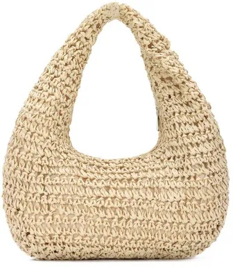 Immagine prodotto di Borsa di paglia intrecciata Unyqoos® da donna – Borsa a mano realizzata in paglia di alta qualità, forma a mezzaluna, dimensioni 34x34x3 cm, ideale per l'estate e la spiaggia