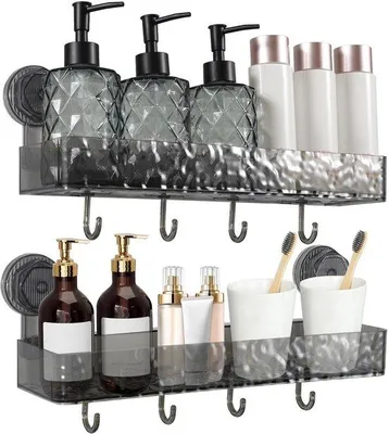 Productafbeelding van Ibenzoa® Doucheorganizer van PET – zelfklevende doucheplank zonder boren, met 4 verstelbare haken, grijs, waterbestendig