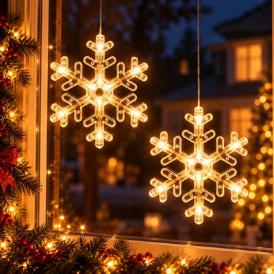 Obrázok produktu pre 2 kusy LED okenných svetiel s prísavkou, dekoratívne svetelné reťaze na okno na zavesenie, vianočné osvetlenie, dekorácie na okná, napájanie na batérie, motív snehovej vločky
