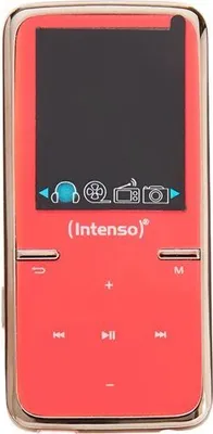 A pink MP4 player with a black screen and silver trim, displayed against a white background.