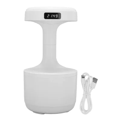 A white humidifier with a digital display and a USB cable.