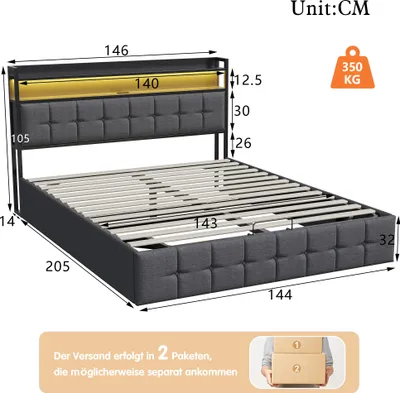 Obrázok produktu pre Čalúnená posteľ Fortuna Lai 140x200 cm s USB a zásuvkami, manželská posteľ pre mladých s lamelovým roštom a úložným priestorom, úložná posteľ s LED, posteľná bielizeň, čierna