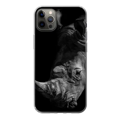 Produktbild von MuchoWow® Handyhülle Schutzhülle Hülle für iPhone 12 Pro Max Nahaufnahme eines Nashorns auf schwarzem Hintergrund Silikon Softcase Handy Hülle - Hartschale