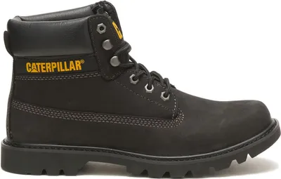 A black Caterpillar boot is shown from the side against a white background.