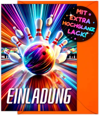 12 Bowling-Einladungskarten + 12 Umschläge, DIN A6, 350 g Papier