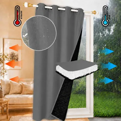 Zdjęcie produktu dla 132x203 cm, zasłona na drzwi zewnętrzne, wodoodporna, termoizolacyjna, chroniąca przed zimnem i upałem, zasłona zaciemniająca z przelotkami, kieszeń na patyczek, do ogrodu, tarasu, kolor: ciemnoszary