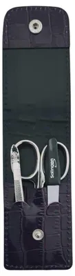 Produktbild von Solingen Maniküre Set 3-teilig – Nagelschere, Pinzette & Saphirfeile – Echtleder Etui Germany Dunkellila / Kroko
