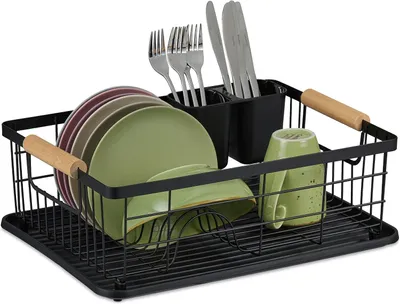 Immagine prodotto di Scolapiatti - Cesto per posate e vaschetta di raccolta - Scolapiatti per la cucina - Scolapiatti in plastica - Metallo - Nero