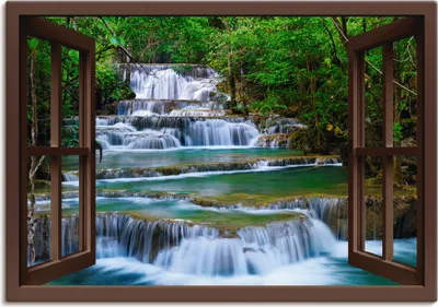 Produktbild von ARTland Leinwandbild Fensterblick Wasserfall - braun Größe: 70x50 cm