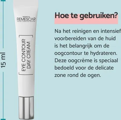 A product shot of a Remescar eye cream tube next to descriptive text about how to use it.