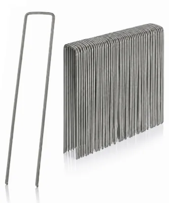 Zdjęcie produktu dla Zestaw 200 sztuk kotew gruntowych, skośne końcówki, do wbijania, z siatką przeciw chwastom, długość 15 cm, średnica 2 mm, stal, kolor srebrny