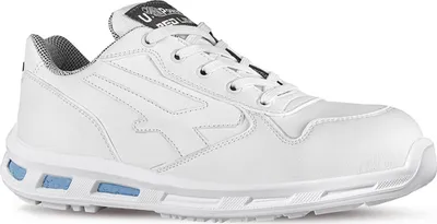 A white safety shoe with blue accents on the sole.