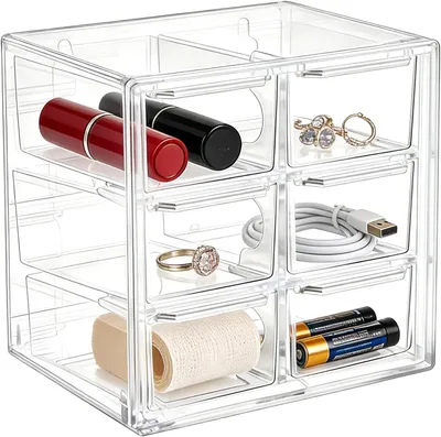 Imagen del producto de Caja de almacenamiento pequeña con 6 cajones, de acrílico transparente, de 12x12x9,5 cm, ideal para la oficina y manualidades
