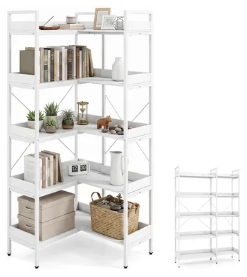 Productafbeelding van COSTWAY Boekenkast, 5 niveaus, L-vormig hoekrek, groot, staand hoekboekenkast met stalen frame, draagvermogen tot 200 kg, ruimtebesparend staand rek, 72x69x167 cm, wit